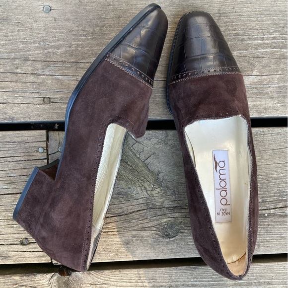 PALOMA PICASSO Shoes VINTAGE Retro Heels Brown Suede Leather Embossed Size 7.5 - Picture 3 of 15